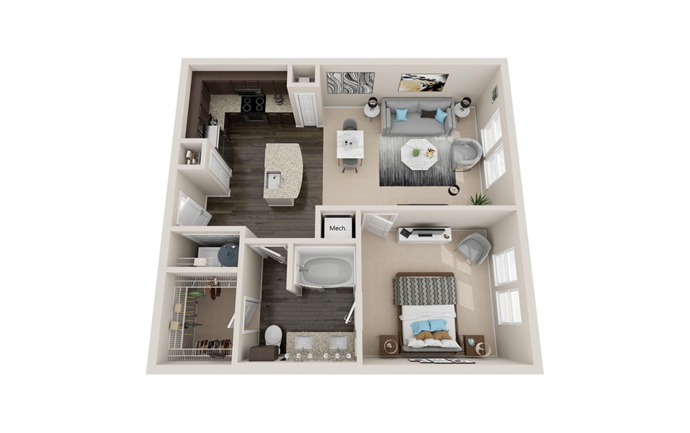 A2 - 1 bedroom floorplan layout with 1 bath and 780 to 840 square feet.