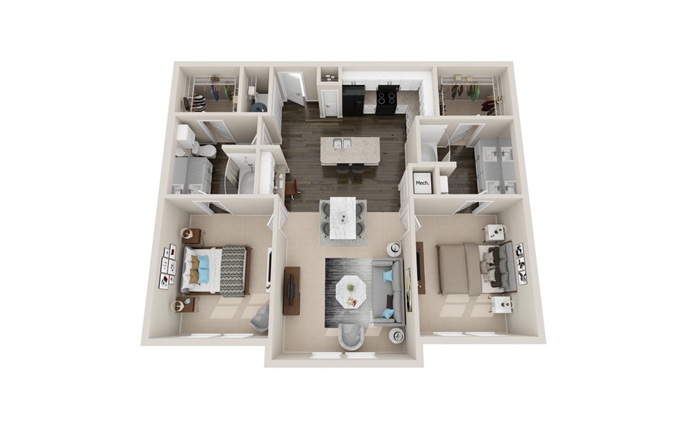 B2 - 2 bedroom floorplan layout with 2 baths and 1080 to 1240 square feet.