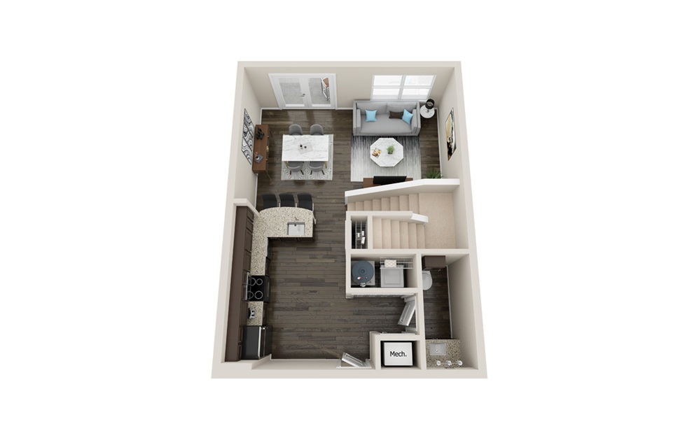 L1P - 1 bedroom floorplan layout with 1.5 bath and 1060 square feet. (Floor 1)