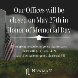 Our offices will reopen with normal business hours on Tuesday, May 28th at 9am❤️💙🤍 Instagram post from @newmanvillagefrisco on May 24, 2024 00:00:00am