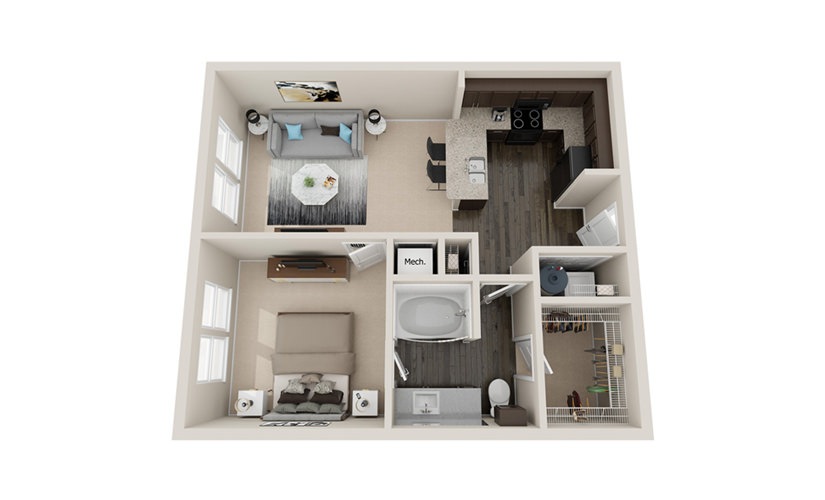 A1 - 1 bedroom floorplan layout with 1 bathroom and 700 - 750 square feet
