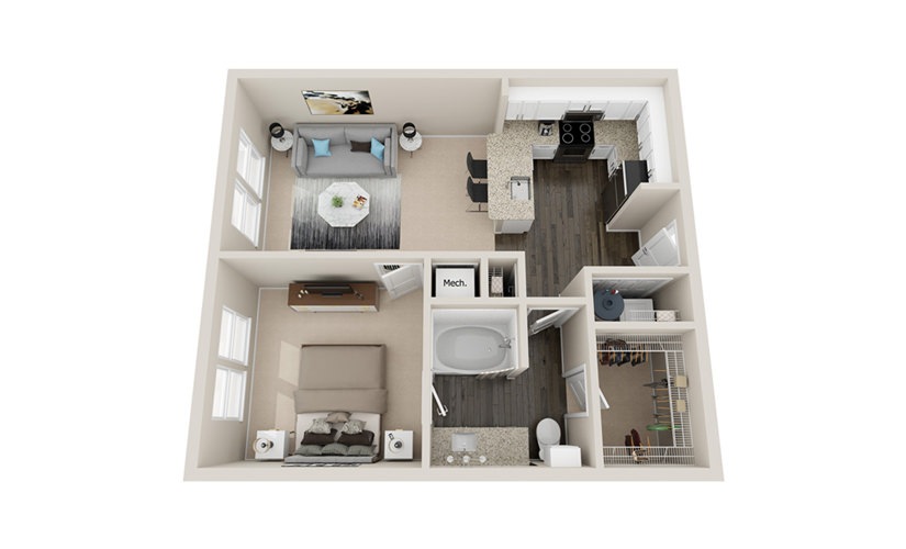 A1P - 1 bedroom floorplan layout with 1 bathroom and 700 - 750 square feet