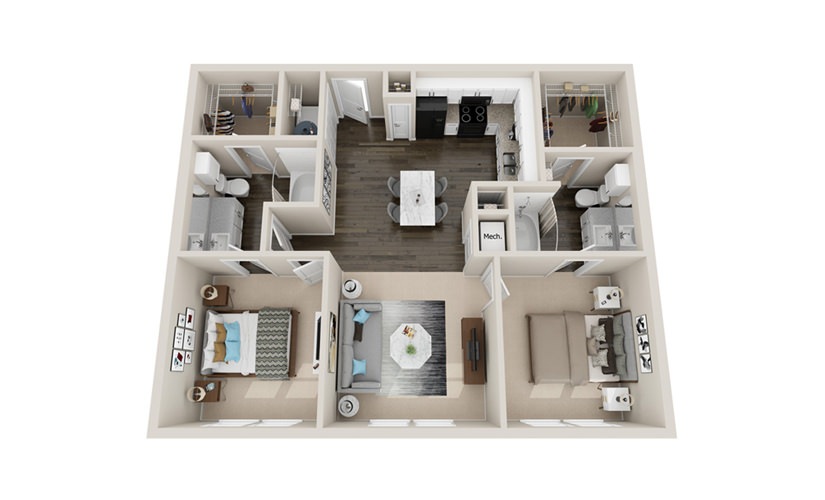 B1 - 2 bedroom floorplan layout with 2 bathrooms and 1010 - 1070 square feet