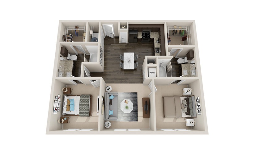 B1P - 2 bedroom floorplan layout with 2 bathrooms and 1010 - 1080 square feet
