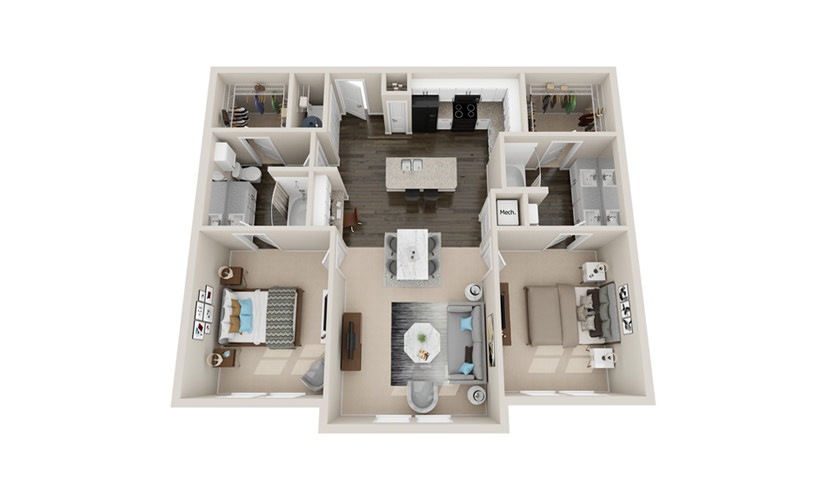 B2 - 2 bedroom floorplan layout with 2 bathrooms and 1080 - 1240 square feet