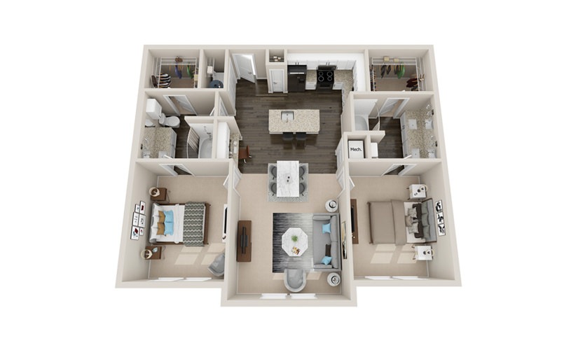 B2P - 2 bedroom floorplan layout with 2 bathrooms and 1180 - 1240 square feet