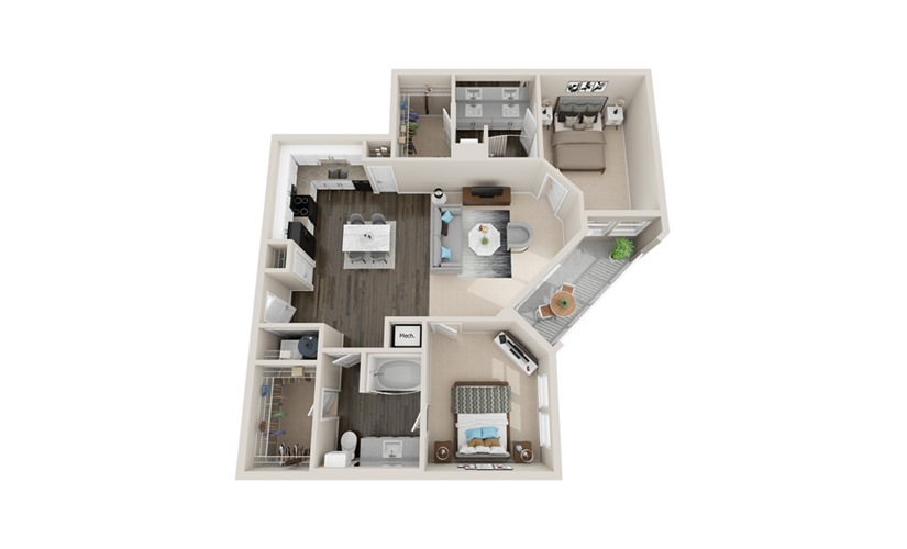 B3 - 2 bedroom floorplan layout with 2 bathrooms and 1260 square feet