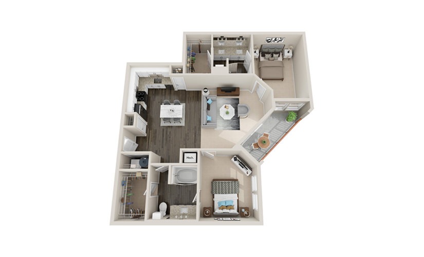 B3P - 2 bedroom floorplan layout with 2 bathrooms and 1260 square feet